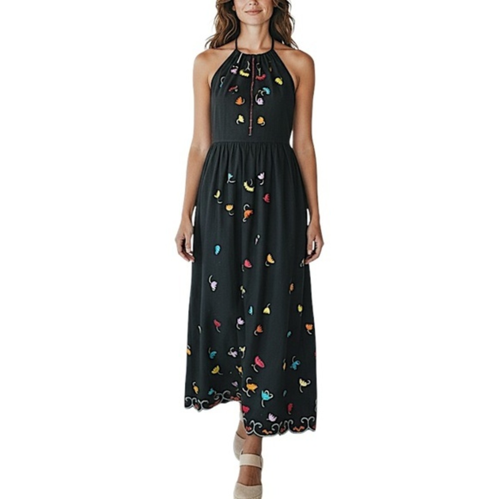 Vintage Mario Creations Embroidered Halter Maxi Dress Hand Made Yucatan XS